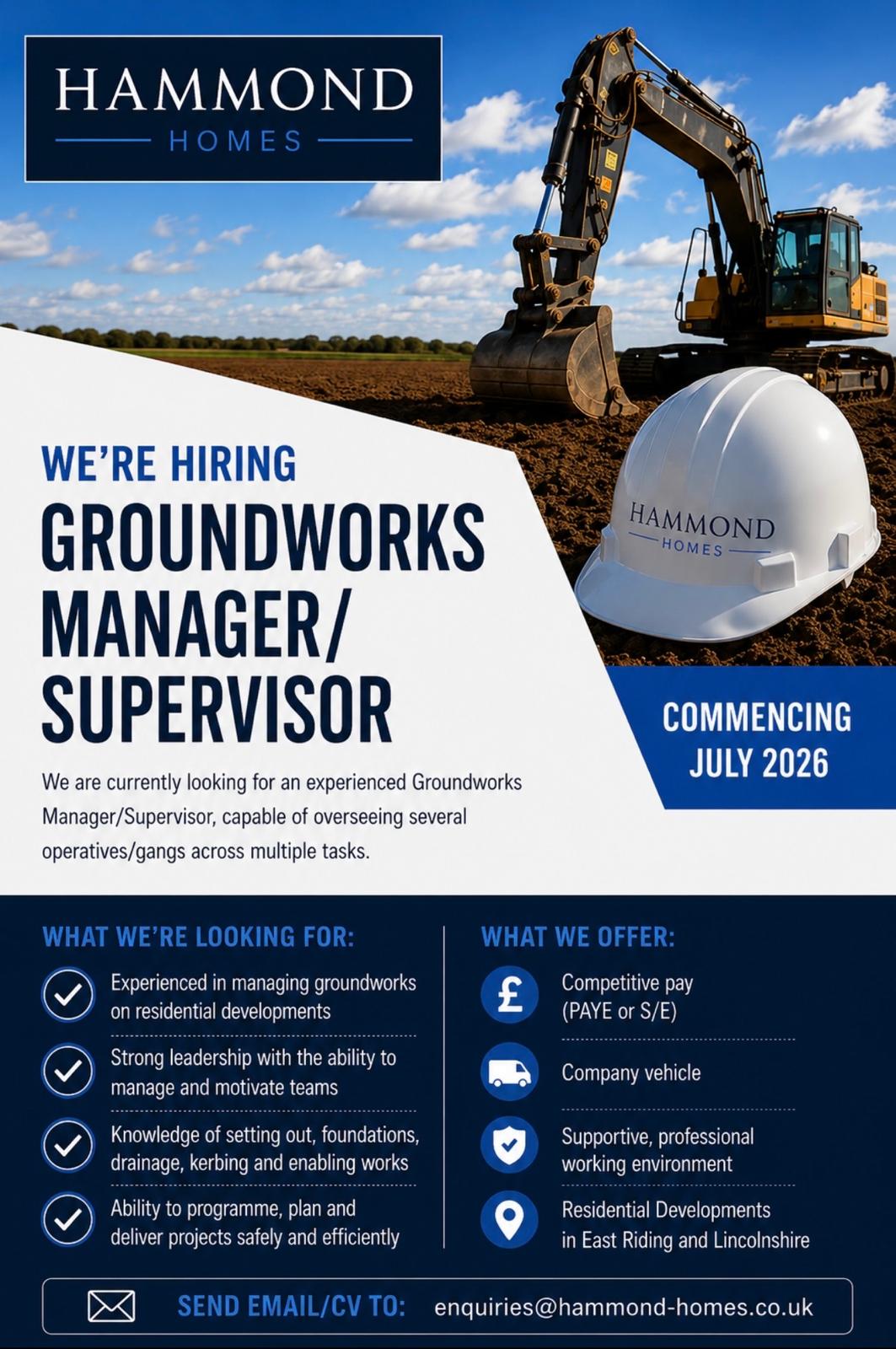 We're Hiring - Groundworks Manager/Supervisor